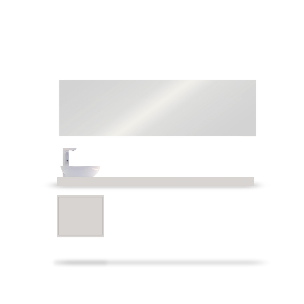 Lentillero con mesa y espejo espejo en pared, con almacenamiento inferior, ideal para ópticas, mobiliario comercial diseñado por Estudio AMA