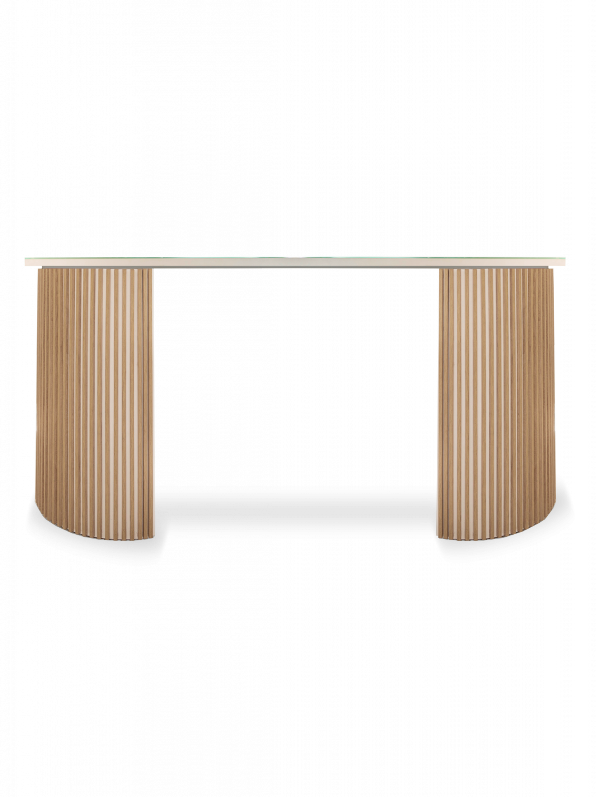 Mesa de ventas Vanguard, Punto de venta en madera roble sobre. Con cristal lacobel blanco.