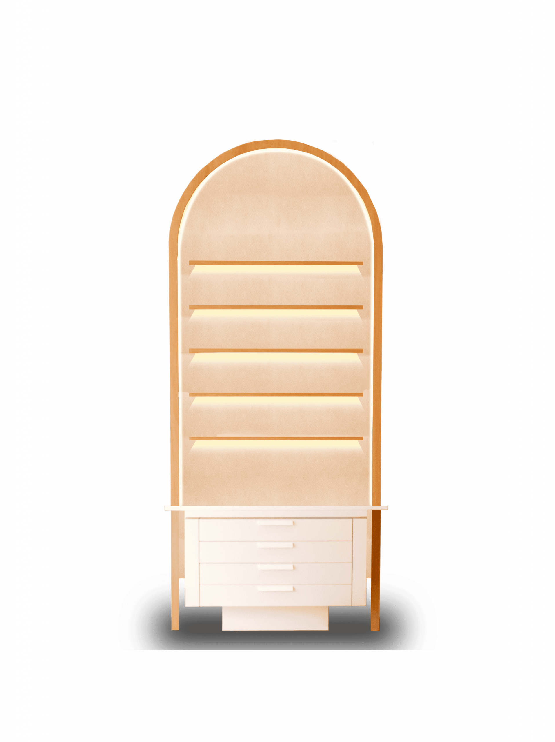 Expositor de melamina acabado blanco, con iluminación y seis niveles de exposición con baldas de cristal. Ideal para negocios como ópticas, farmacias, clínicas, diseñados por estudio AMA.