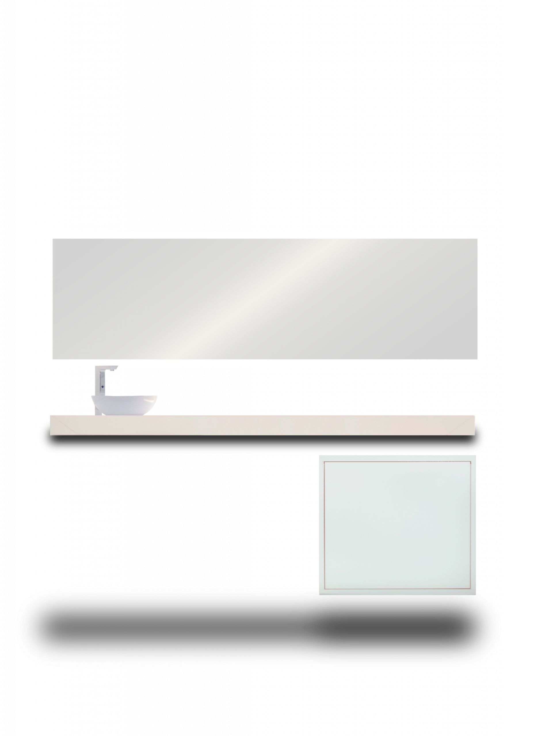 Lentillero con mesa y espejo espejo en pared, con almacenamiento inferior, ideal para ópticas, mobiliario comercial diseñado por Estudio AMA
