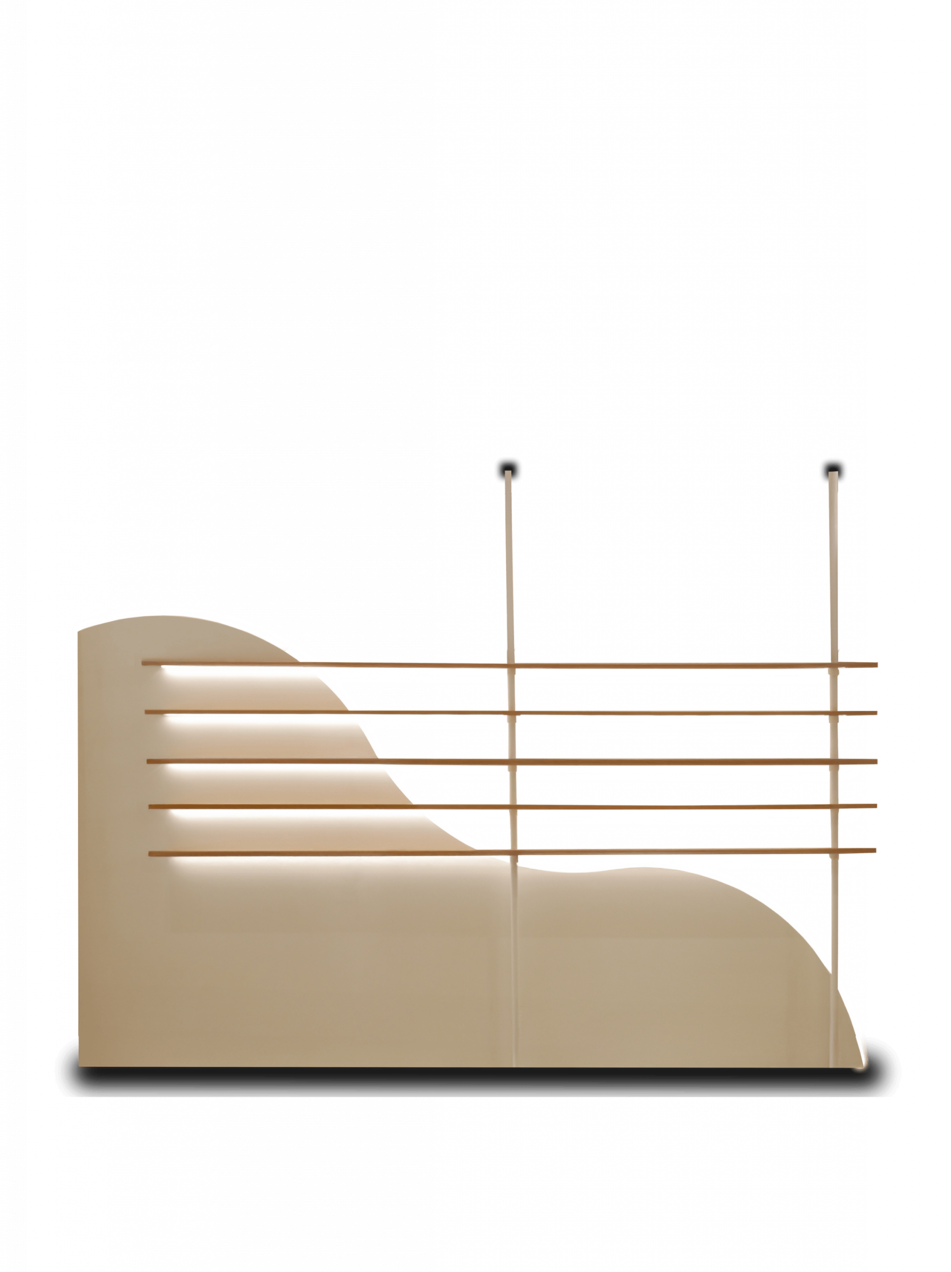 Expositor de melamina acabado blanco, con iluminación y seis niveles de exposición con baldas de cristal. Ideal para negocios como ópticas, farmacias, clínicas, diseñados por estudio AMA.